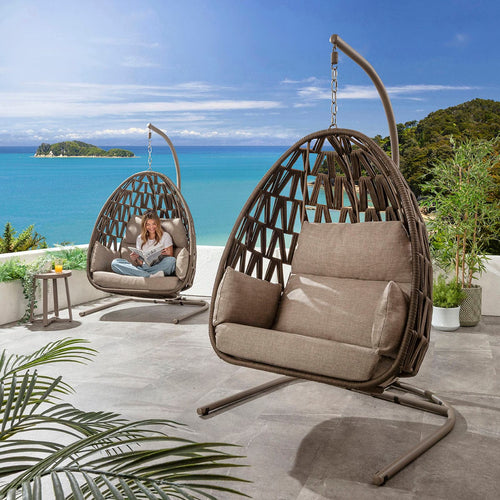 Set of 2 ZigZag Outdoor Garden Hanging Egg Chairs Brown Rope