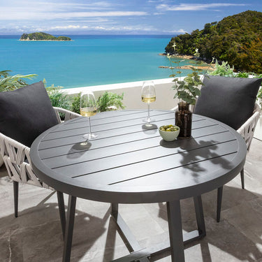 Quatropi ZigZag & Sun 2 Seater Round Outdoor Garden Dining Set Mono & Grey Aluminium
