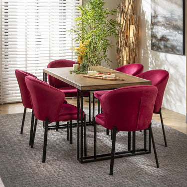 Quatropi Zoe 6 Seat Solid Wood Herringbone Dining Set Red Stained Wood