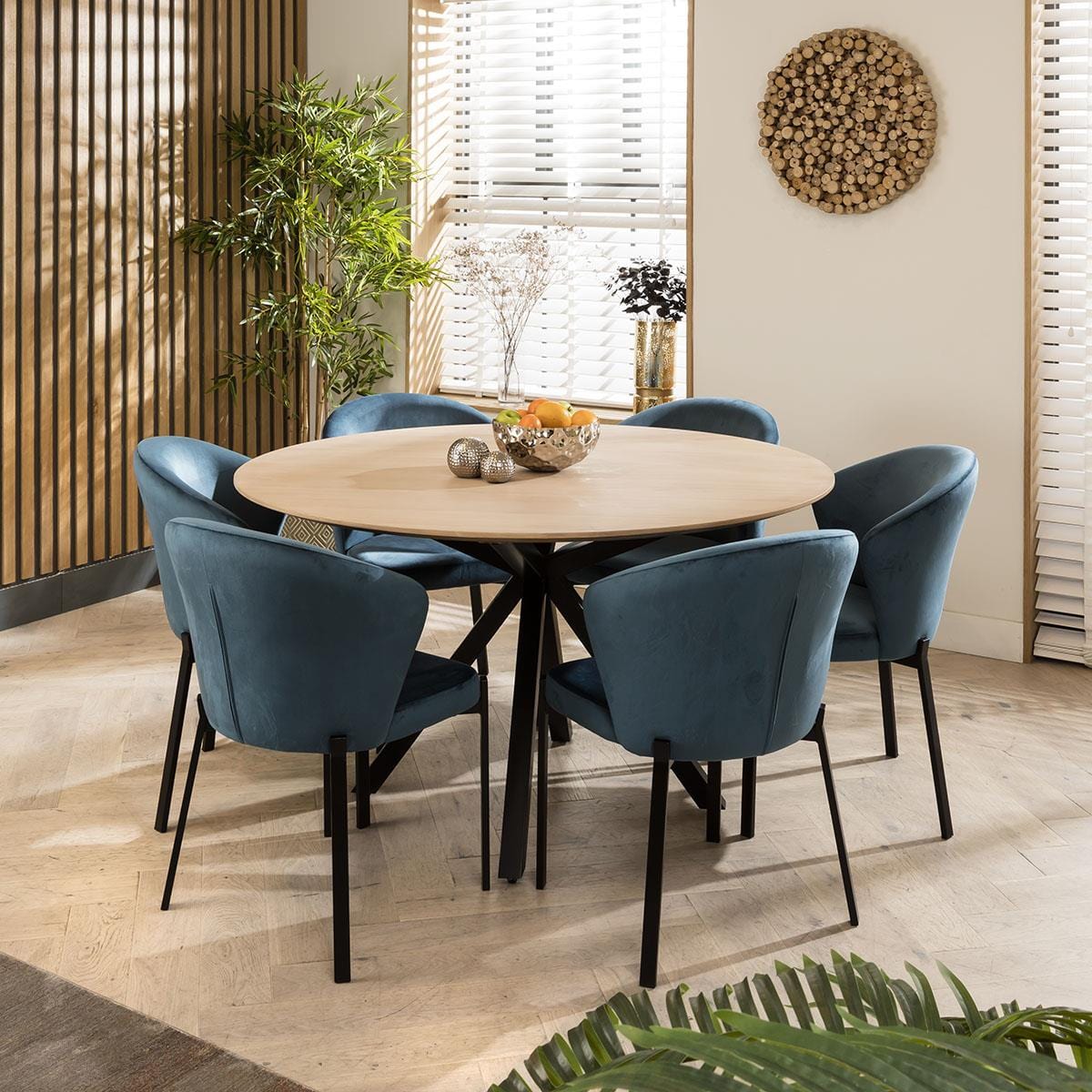 Quatropi Zoe Natural Solid Round Wooden 6 Chair Dining Set Blue