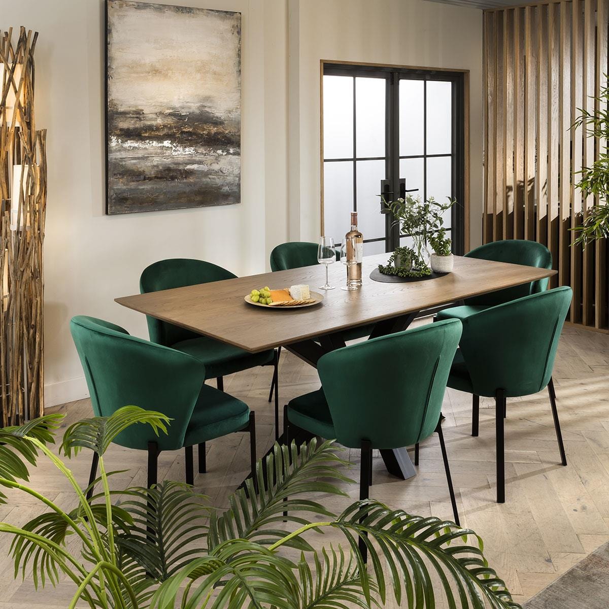 Quatropi Zoe Solid Stained 6 Seat Wooden Dining Table And Chairs Set Green