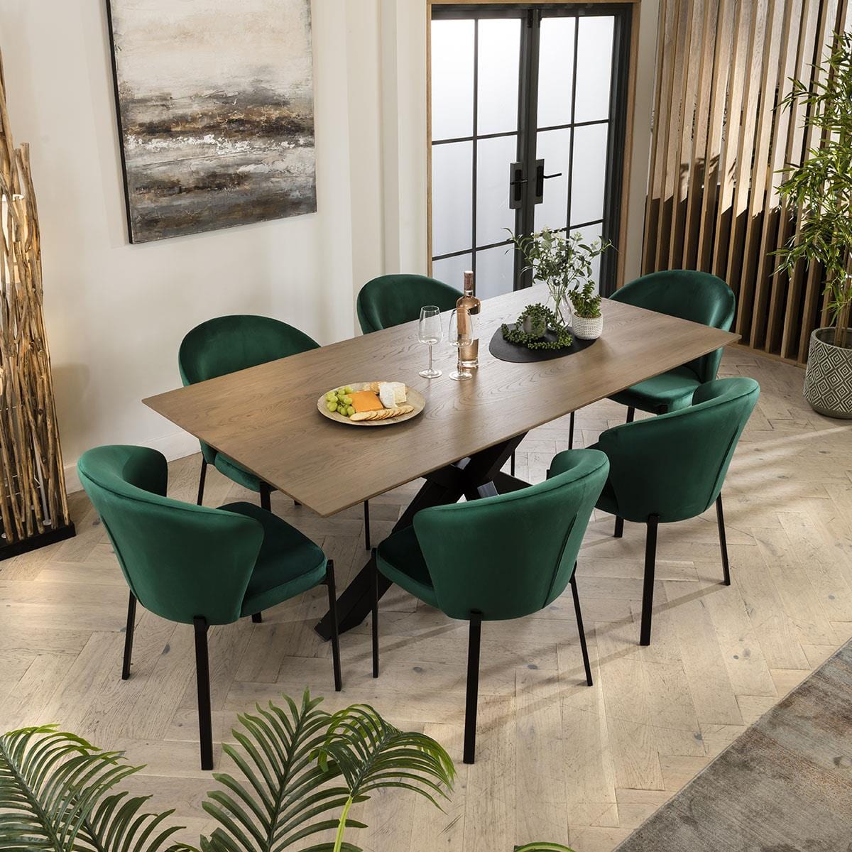 Quatropi Zoe Solid Stained 6 Seat Wooden Dining Table And Chairs Set Green