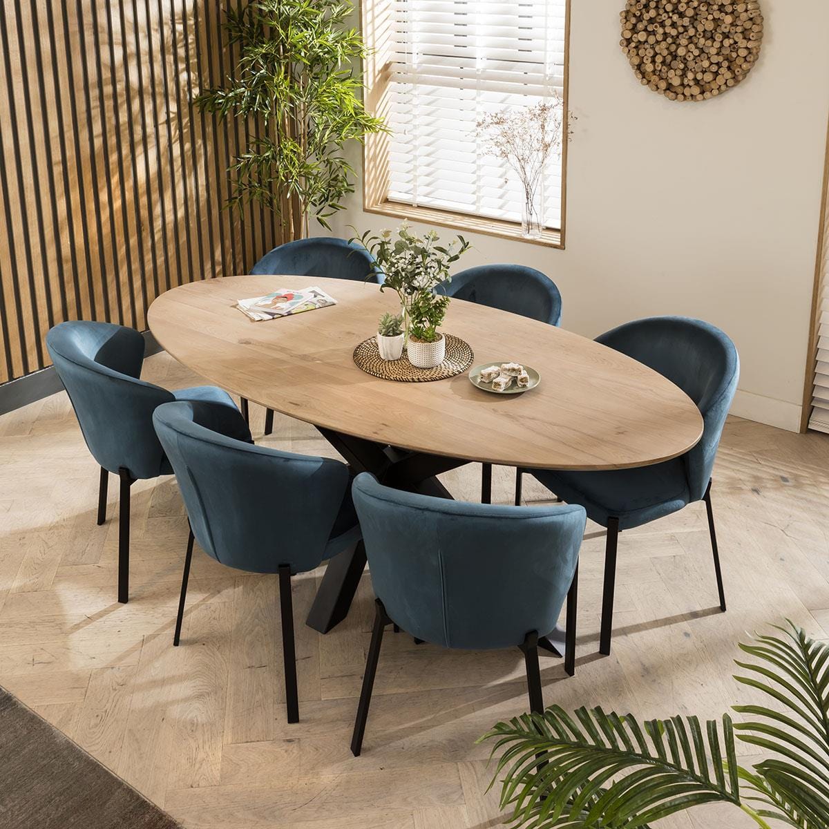 Quatropi Zoe Solid Wood Natural Oval Dining Table And 6 Chairs Set Blue