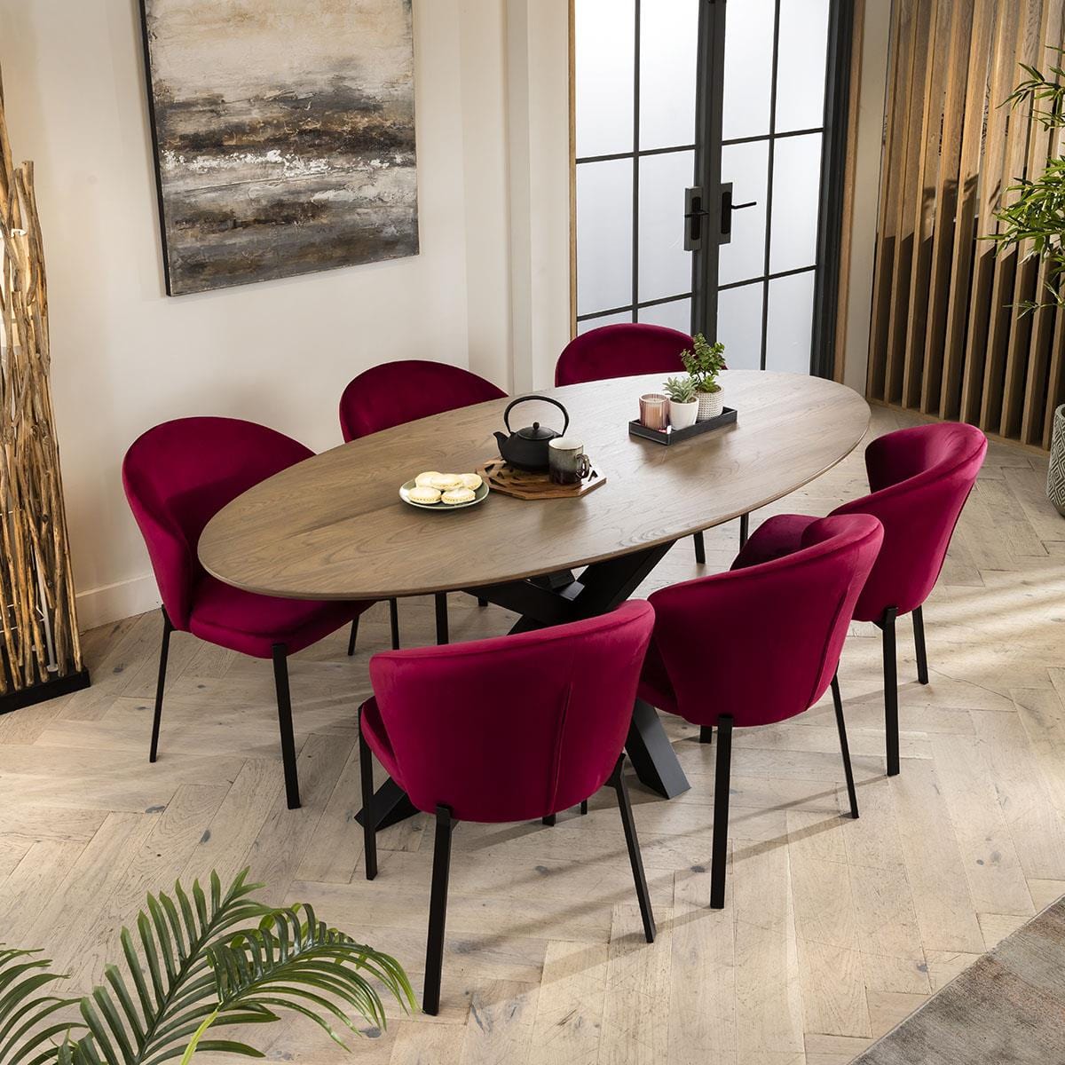 Quatropi Zoe Solid Wood Stained Oval Dining Table And 6 Chairs Set Red