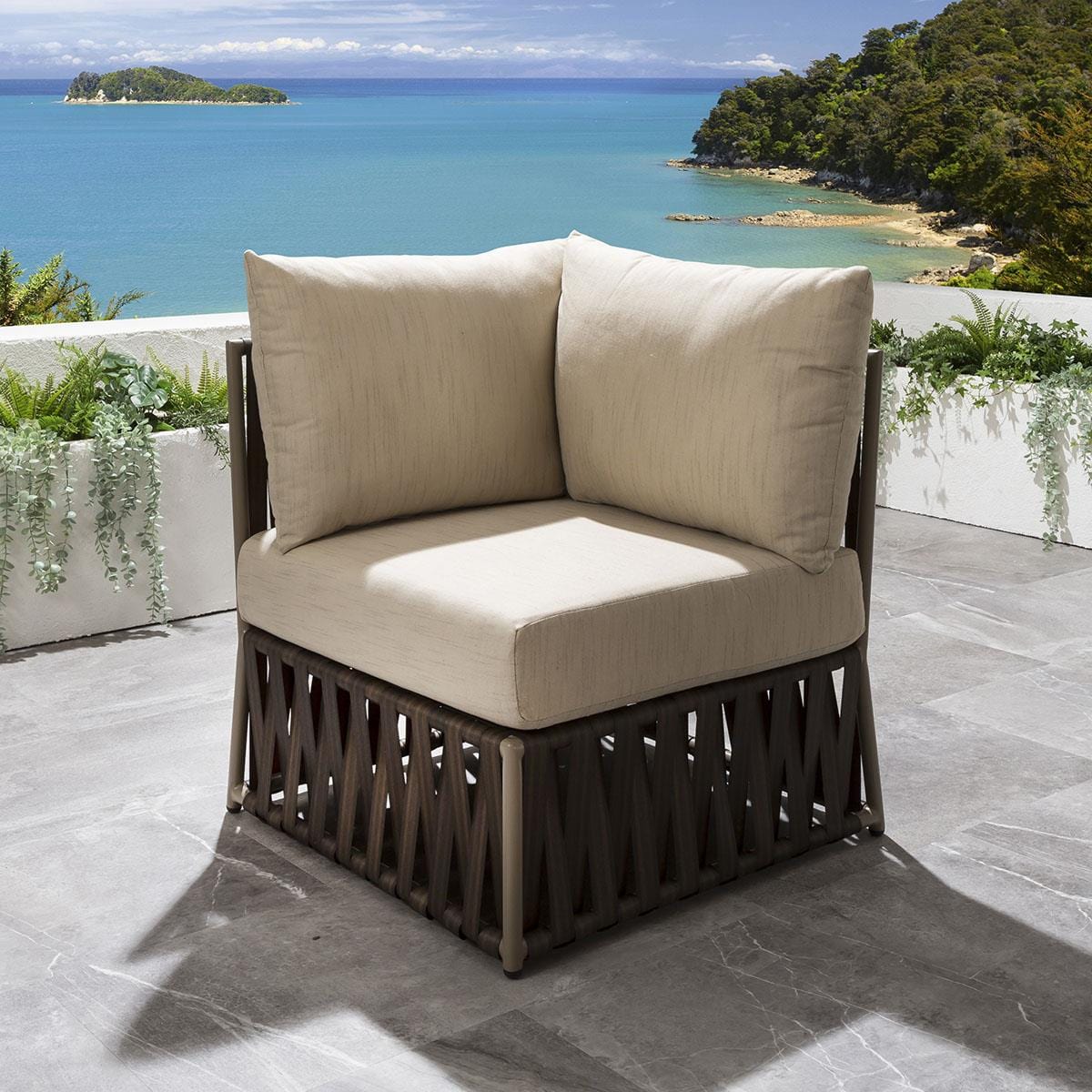 Quatropi 2 Seater Luxury Modular Garden Sofa Brown Rattan & Beige Cushions | Theo