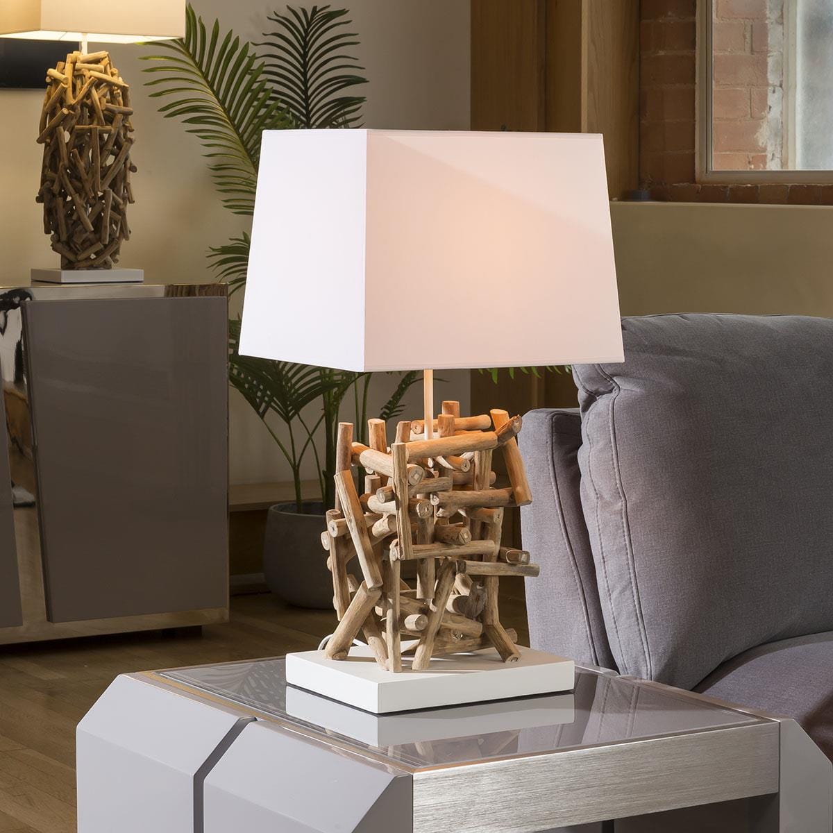 Quatropi Beautiful Unique Modern Driftwood table lamp / light white shade Lhassa