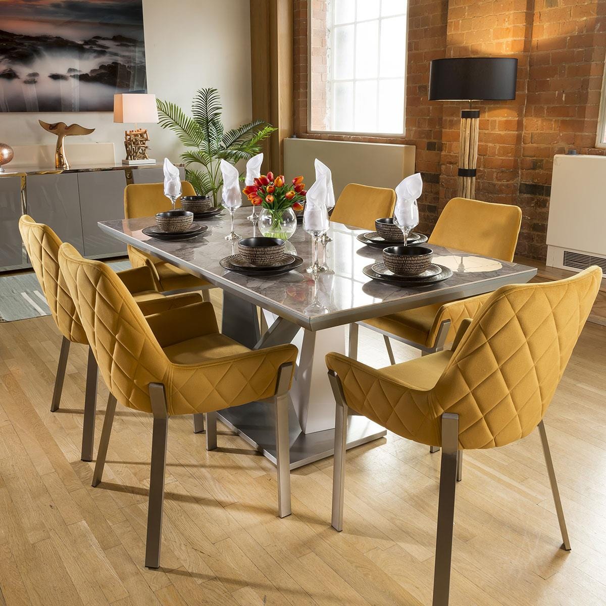Quatropi Ceramic 1800 Grey Dining Table Set + 6 Mustard Chairs 1649