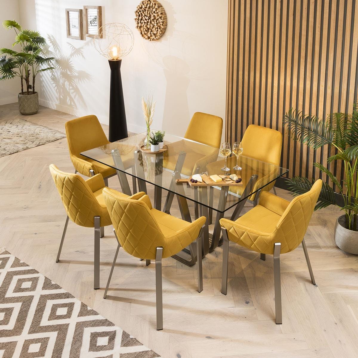Quatropi Clear Glass Silver Pedestal Table With 6 Exclusive Yellow Carver Chairs