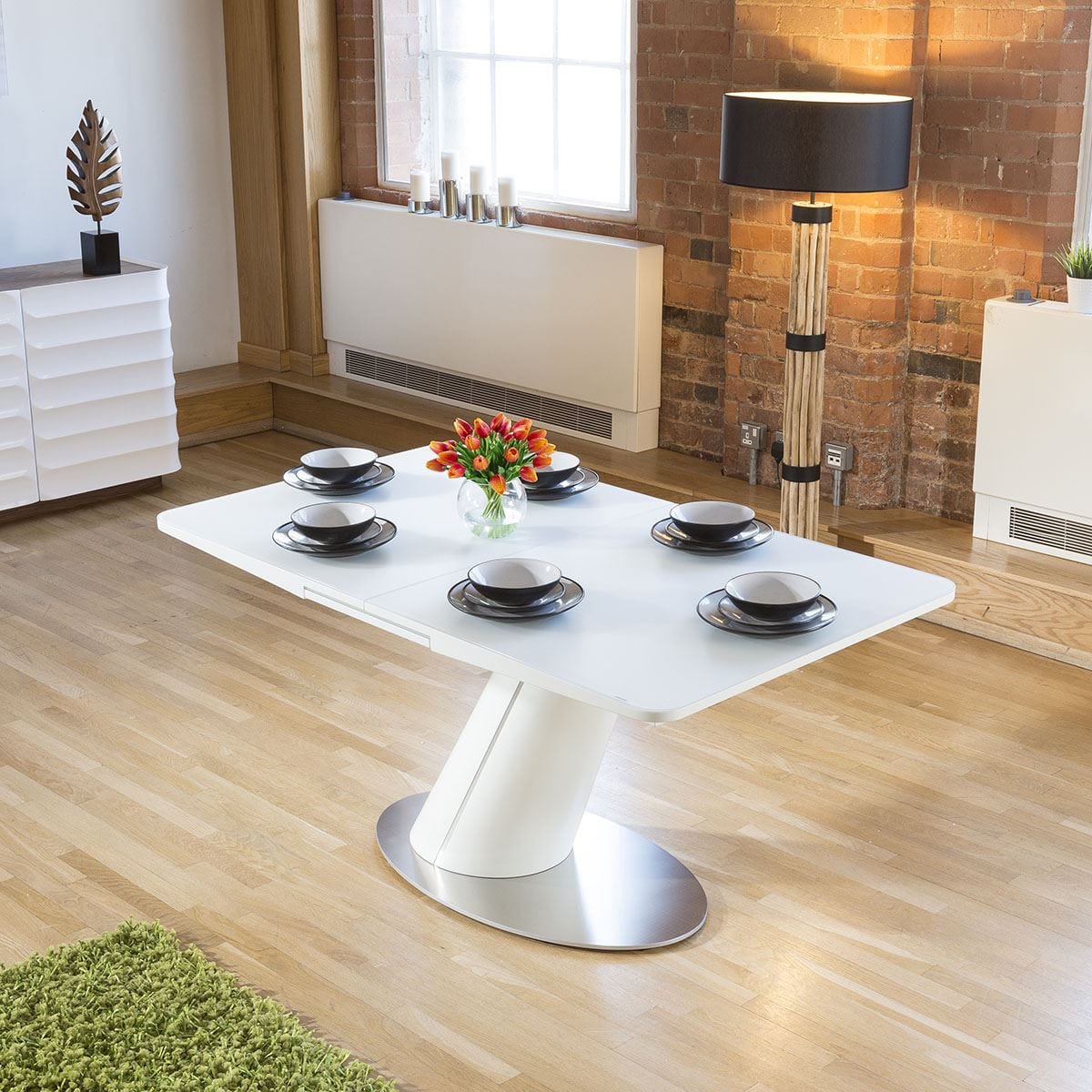 Quatropi Dining Set White Glass Top Extending Table + 6 Dark Grey Carver Chairs
