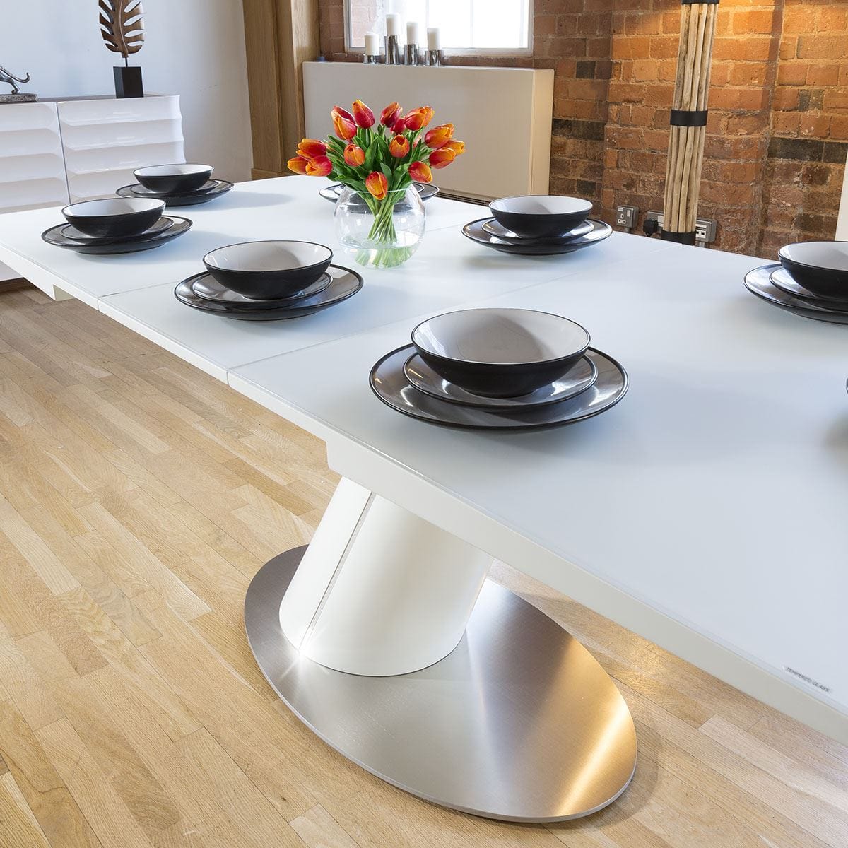 Quatropi Dining Set White Glass Top Extending Table + 8 Dark Grey Carver Chairs