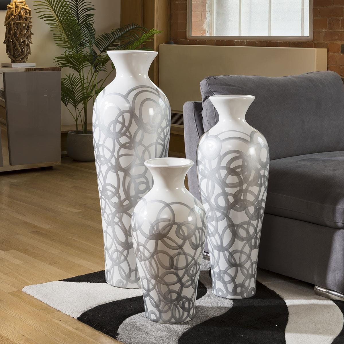 Quatropi Etsa White Gloss Vase Silver Swirl ( Set of 3 ) 100cm, 80cm, 60cm