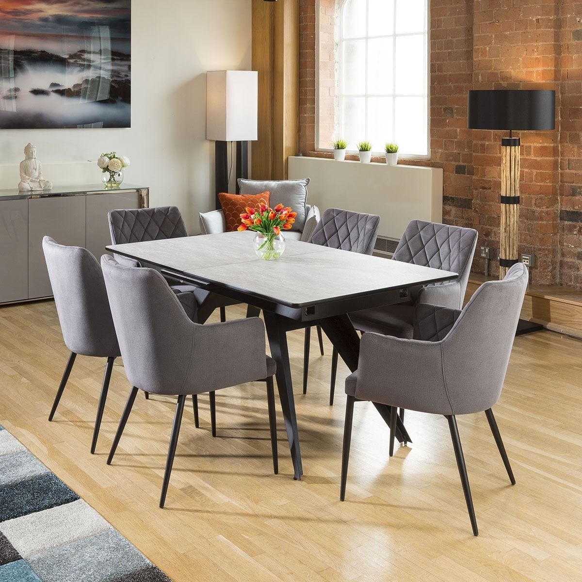 Quatropi Extending Dining Table Concrete Melamine + 6 Medium Grey Carver Chairs