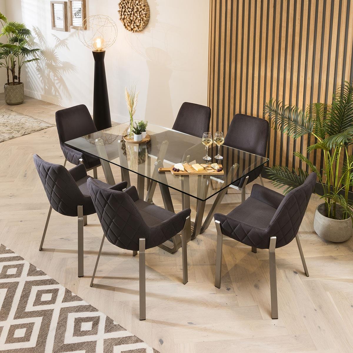 Quatropi Grand Glass Pedestal Table & Grey Carver Chairs - 6 Seater Dining Set