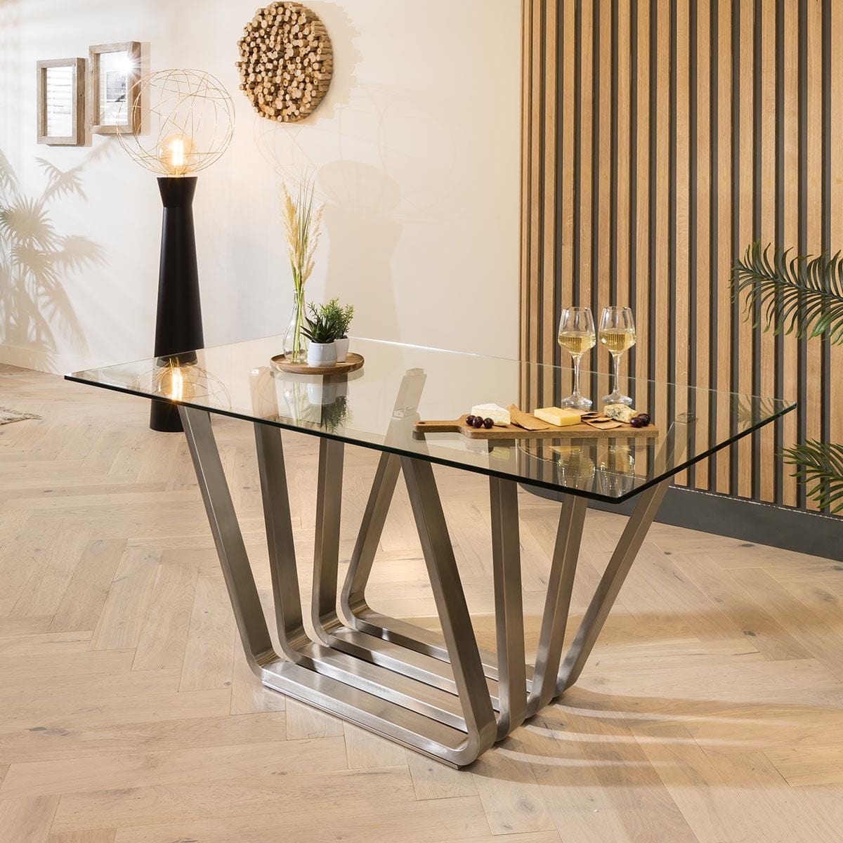 Quatropi Grand Glass Pedestal Table & Grey Carver Chairs - 6 Seater Dining Set