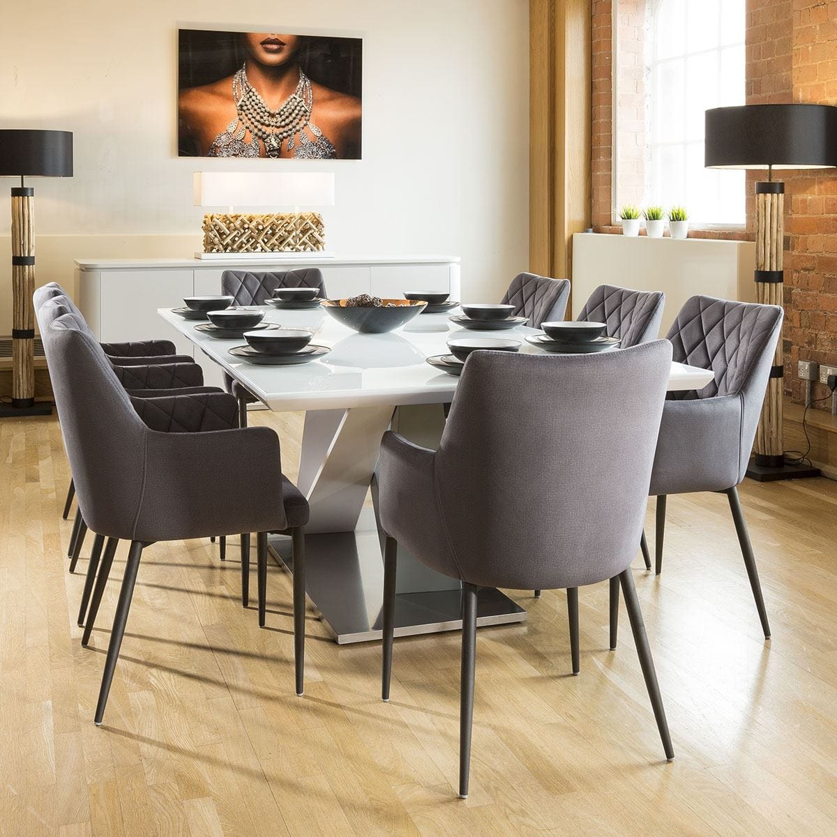 Huge 8 Seater Dining Set 2.2mt White Glass Top Table 8 Carver Grey Cha ...