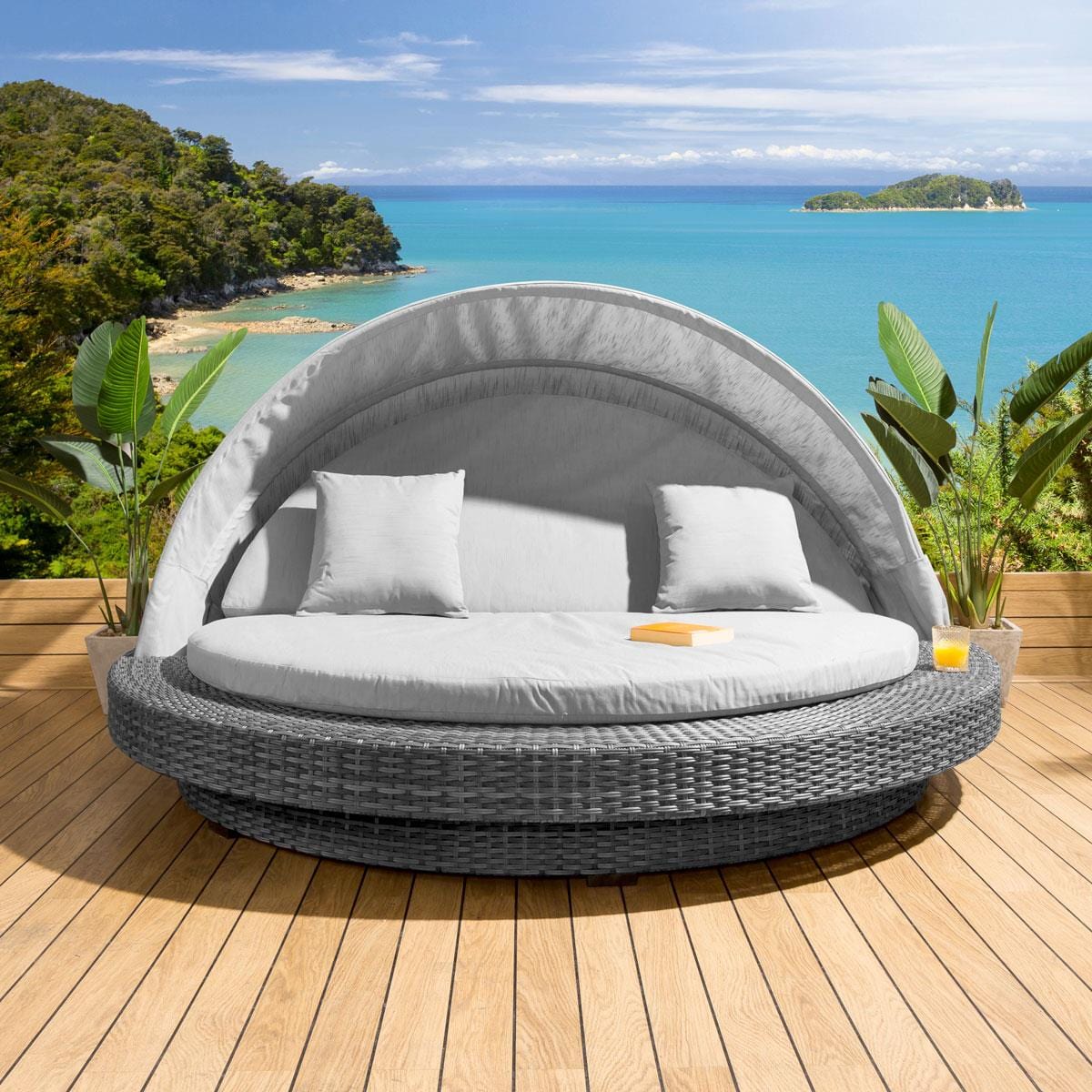 180Cm Rattan Sun Island Day Bed Outdoor Garden Furniture With Waterproof  Cover Brown