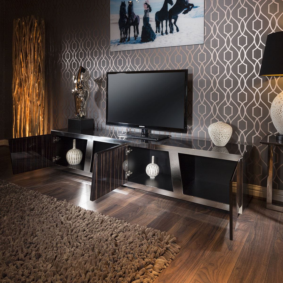 Quatropi Large Luxury TV Cabinet Ebony Gloss Coffee Glass Top Stainless Frame V