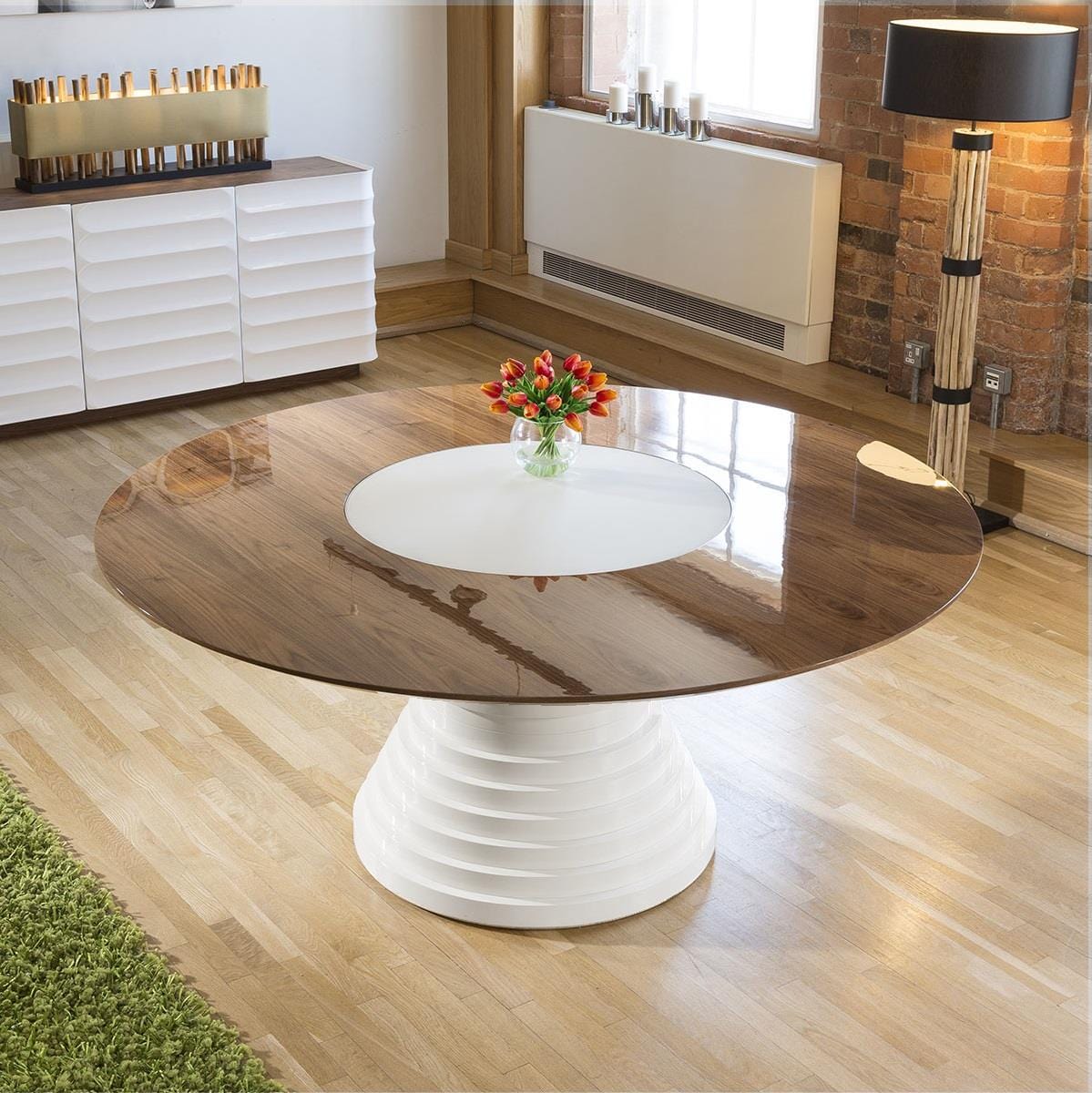 Quatropi Large Round Lacquered Walnut White Gloss Dining Table Glass Insert 1.8