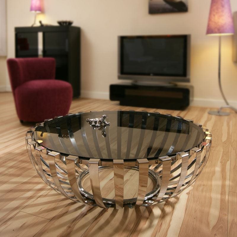 Quatropi Modern Designer Large Round Coffee Table Glass Top Stainless Steel 184