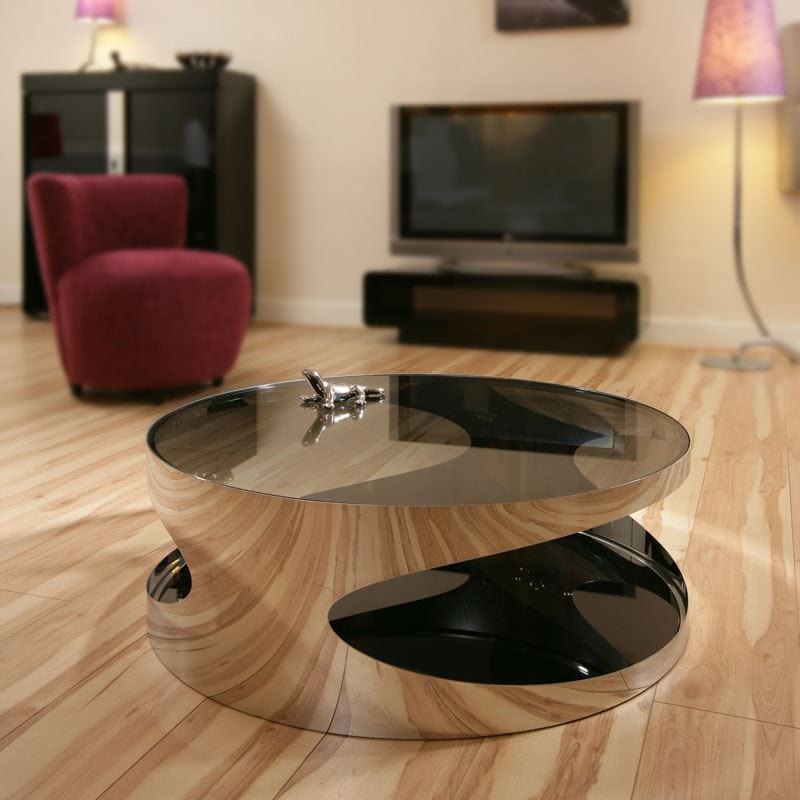 Quatropi Modern Designer Large Round Coffee Table Glass Top Stainless Steel 203