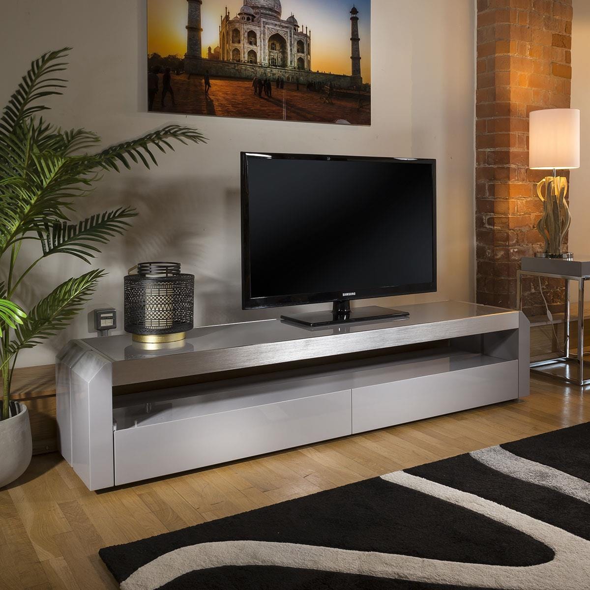 Quatropi Modern Grey TV Cabinet Grey Gloss 200 cm Unit / Stainless with Glass Top
