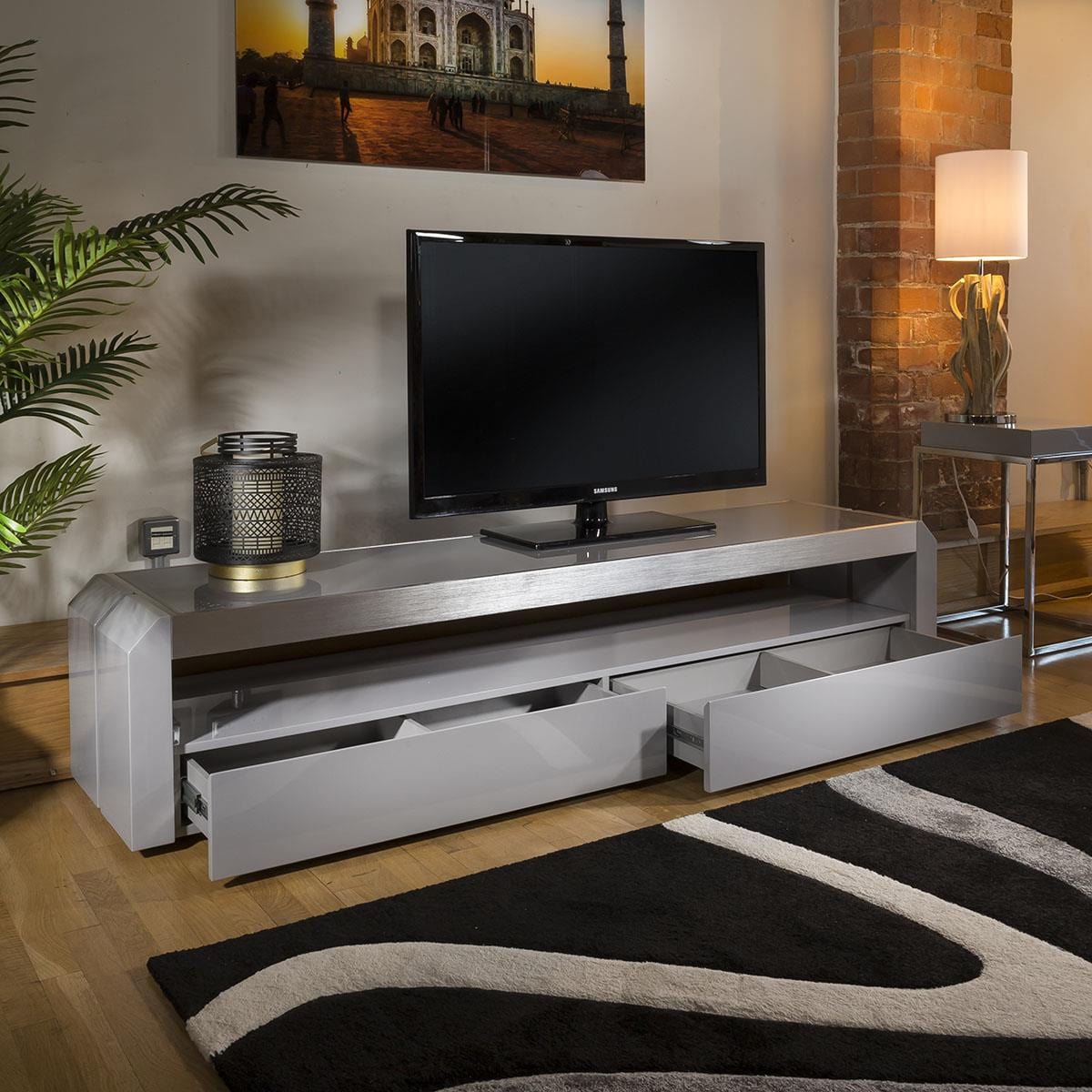 Quatropi Modern Grey TV Cabinet Grey Gloss 200 cm Unit / Stainless with Glass Top