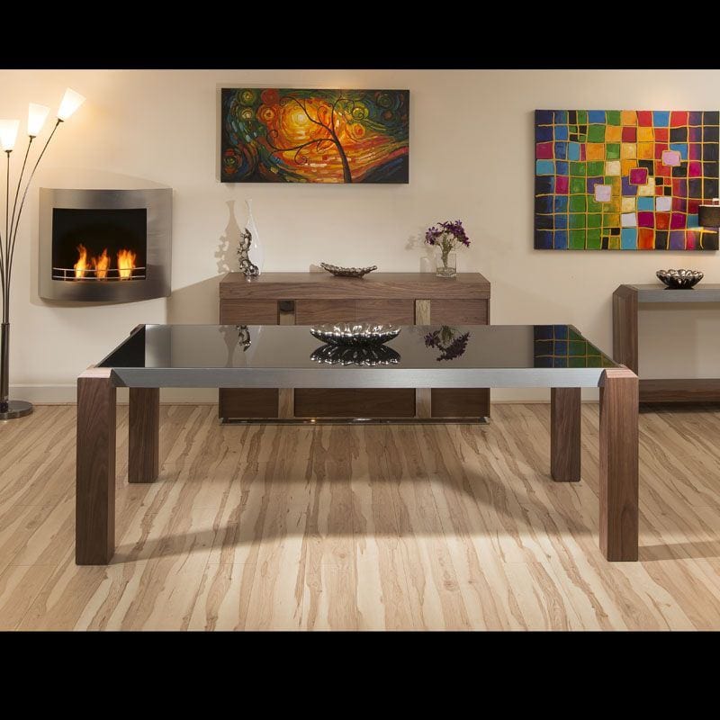 Quatropi Modern Large Rectangular Walnut / Black Glass Dining Table 2.2mtr New