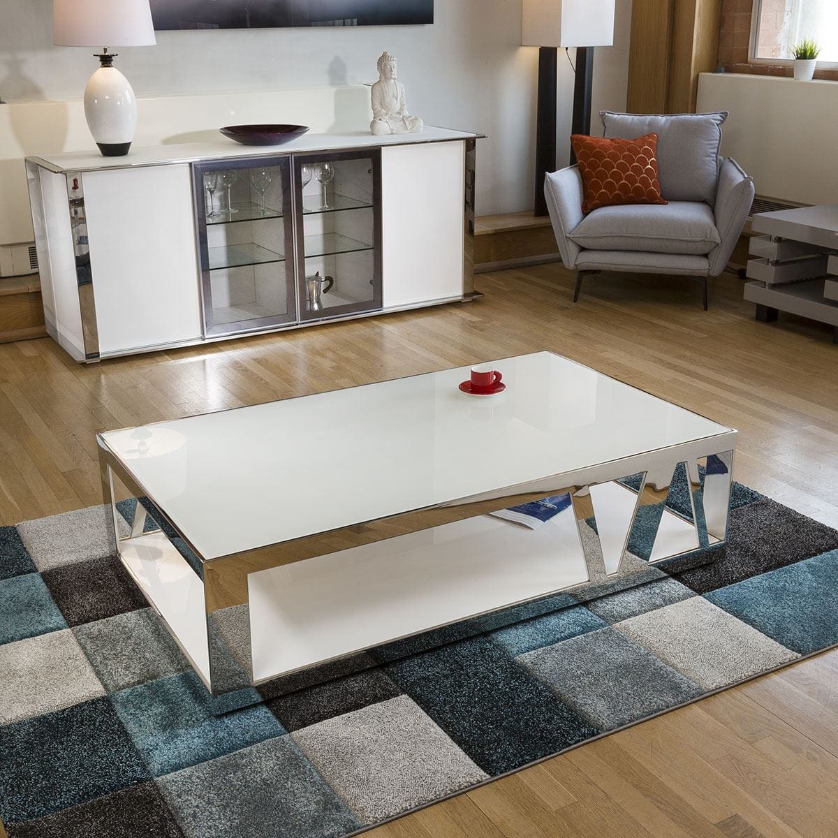 Quatropi Modern Luxury Large White Rectangular Coffee Table Glass & Stainless V