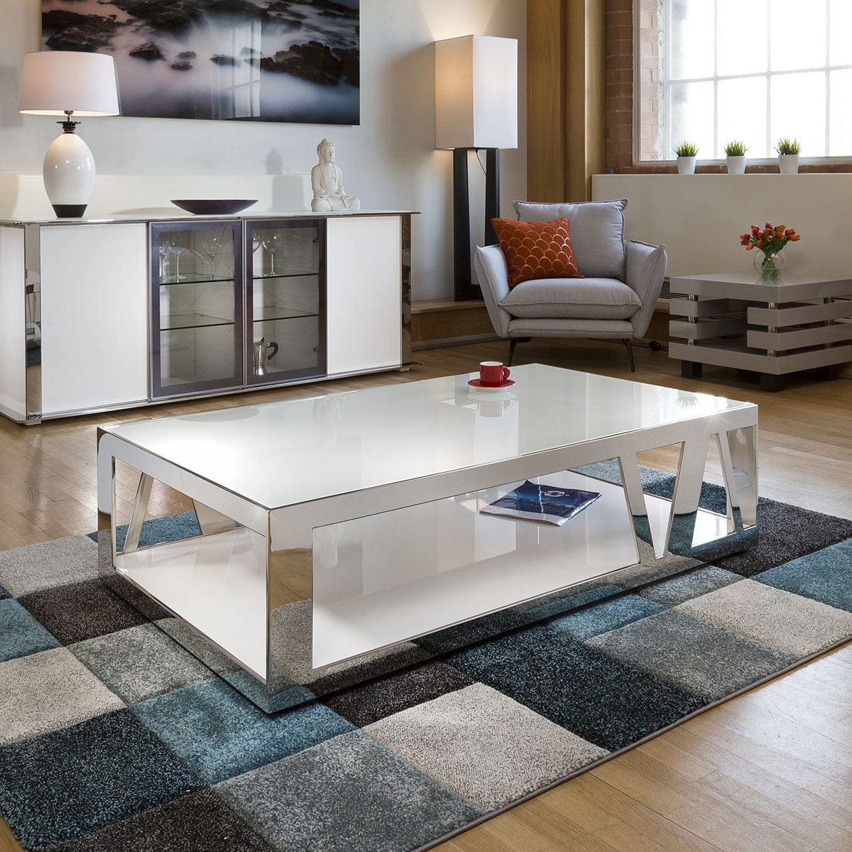 Quatropi Modern Luxury Large White Rectangular Coffee Table Glass & Stainless V