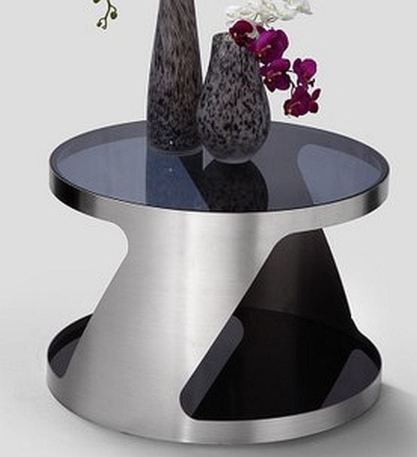 Quatropi Modern Round Side/Lamp Table/Tables Black Glass Stainless Steel 107