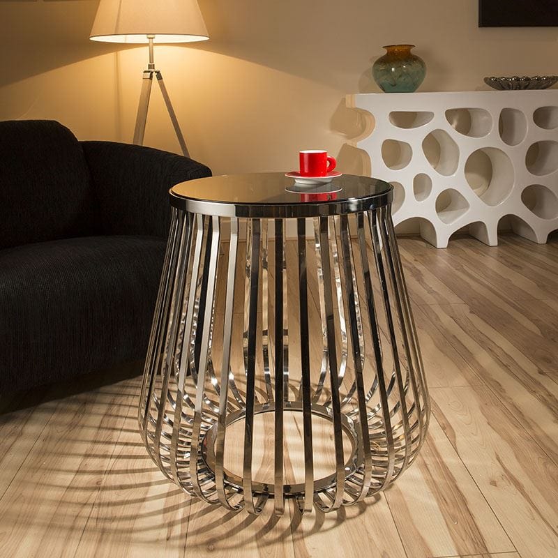 Quatropi Modern Round Side / Lamp Table/Tables Smoked Glass Stainless Steel 071