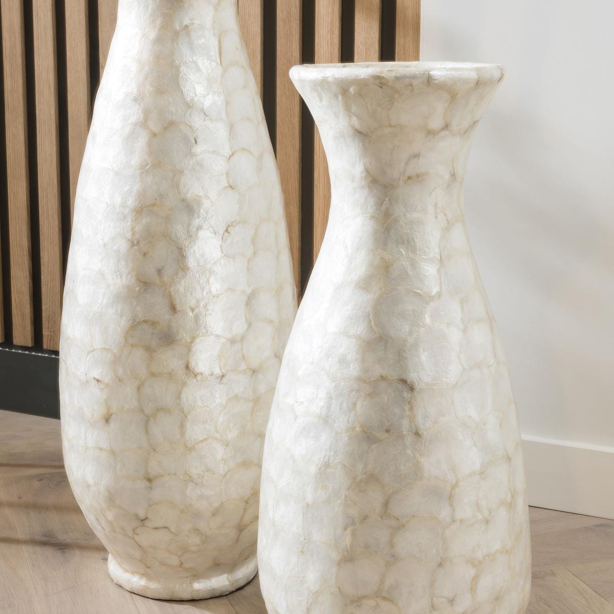 Quatropi Pair of Stunning Shell Mosaic Vases 800 + 1000mm High Ivory