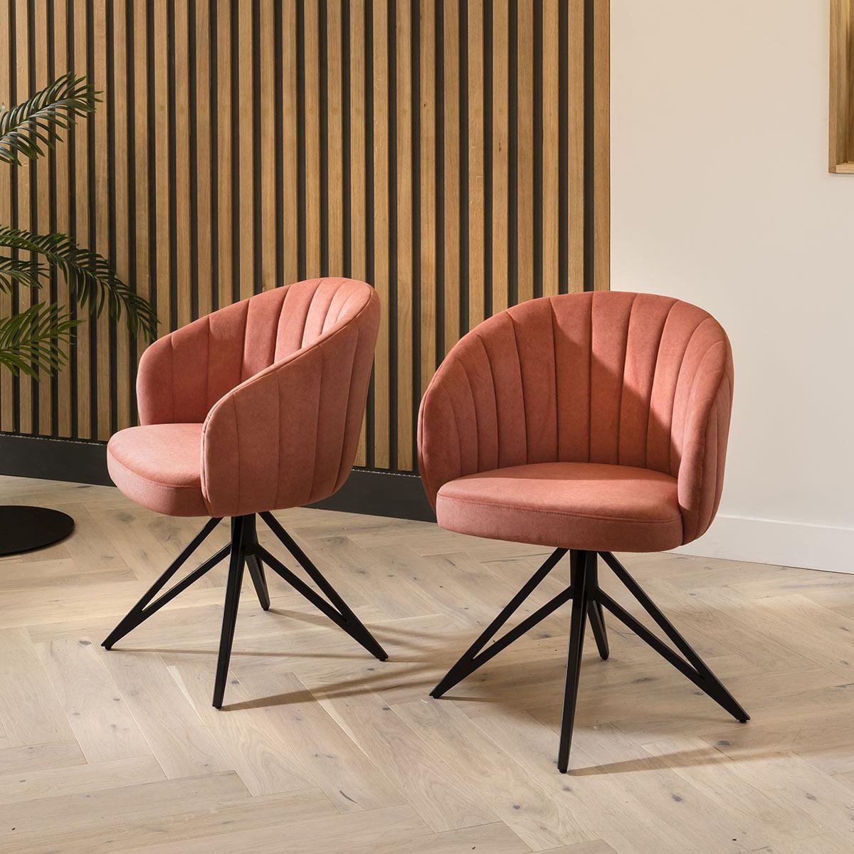 Quatropi Quatropi Dining Chair Set of 2 Swivel Pink Fabric & Black Hairpin Legs