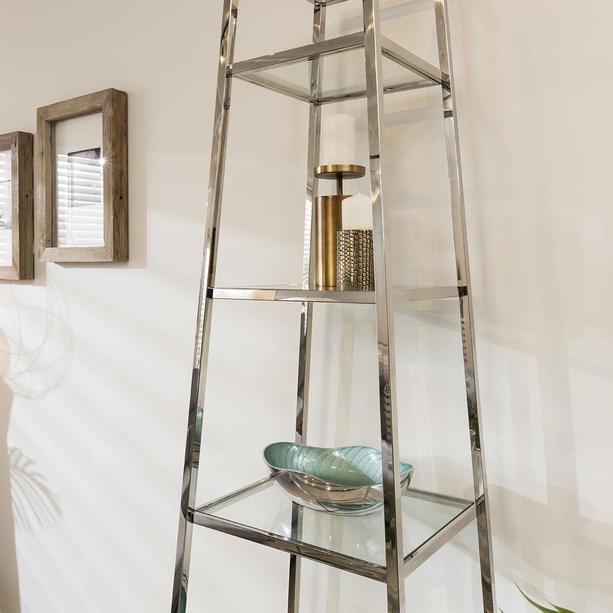 Quatropi Quatropi Ladder Shelf Display Unit 5-Tier Clear Glass & Polished Metal Frame
