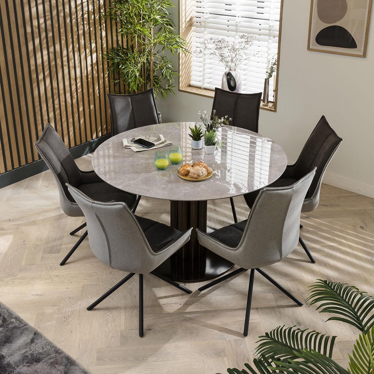 Quatropi Round Kitchen Dining Table - 5-Seater 135cm Grey Ceramic Marble Effect Top