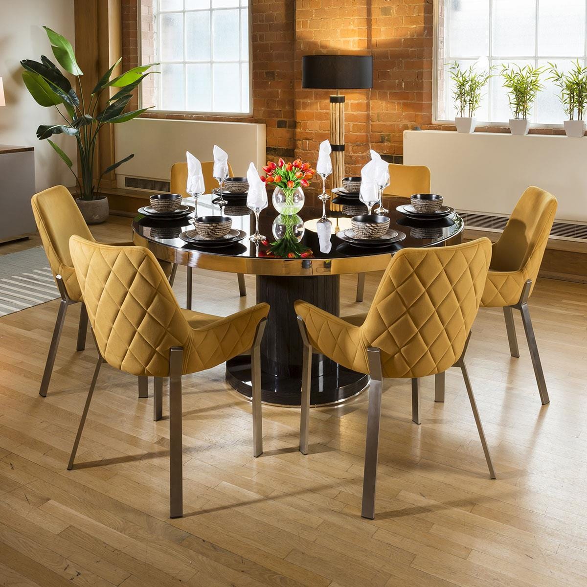 Quatropi Round Smoked Oak Dining Table Set 6 Mustard & Stainless Chairs