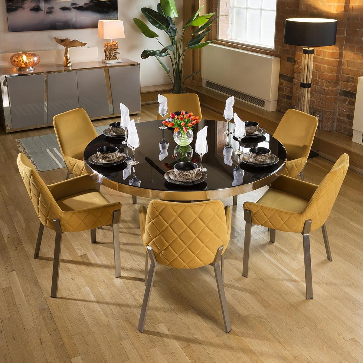 Quatropi Round Smoked Oak Dining Table Set 6 Mustard & Stainless Chairs