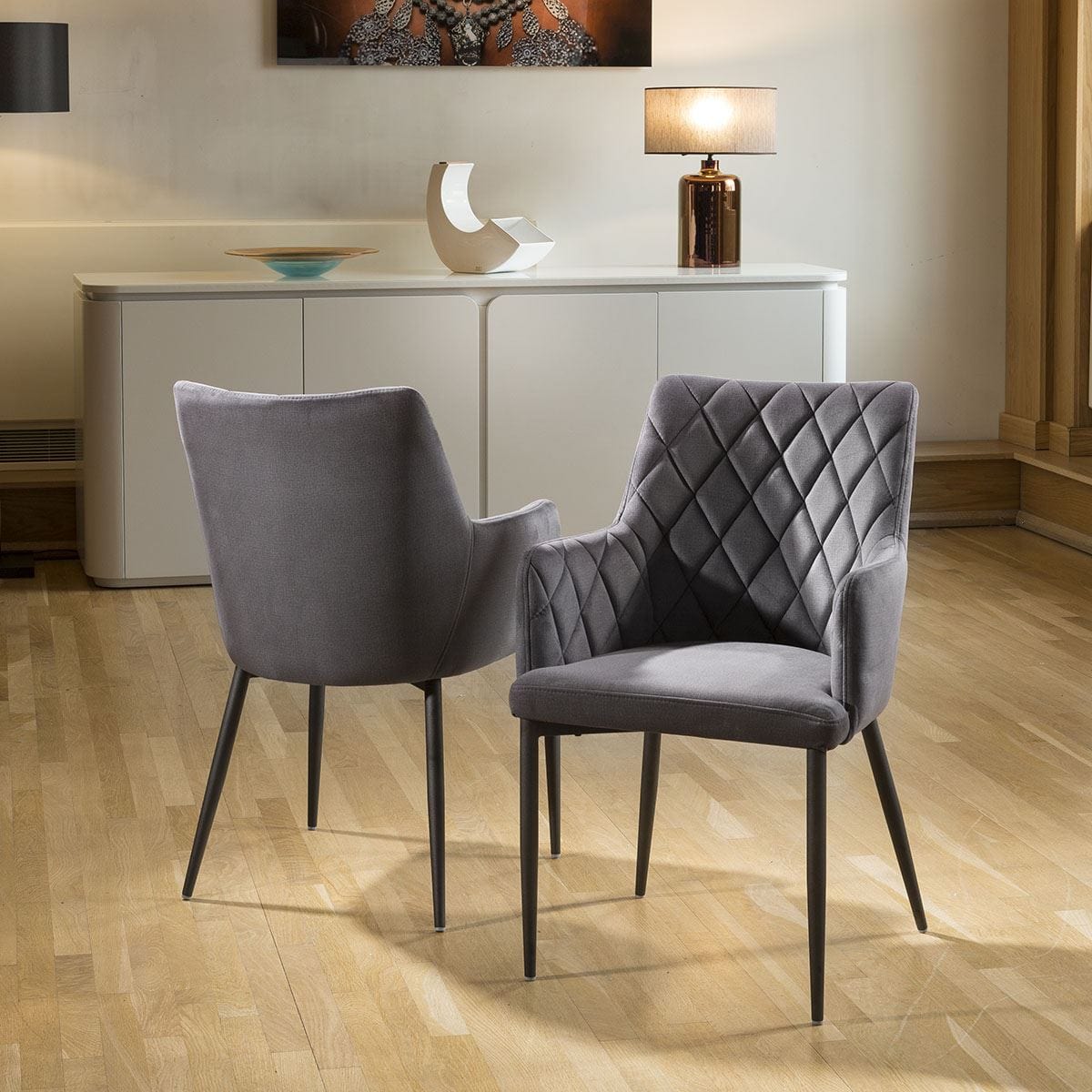 Quatropi Set of 2 Quatropi Luxury Carver Chairs Medium Grey Fabric Quilted