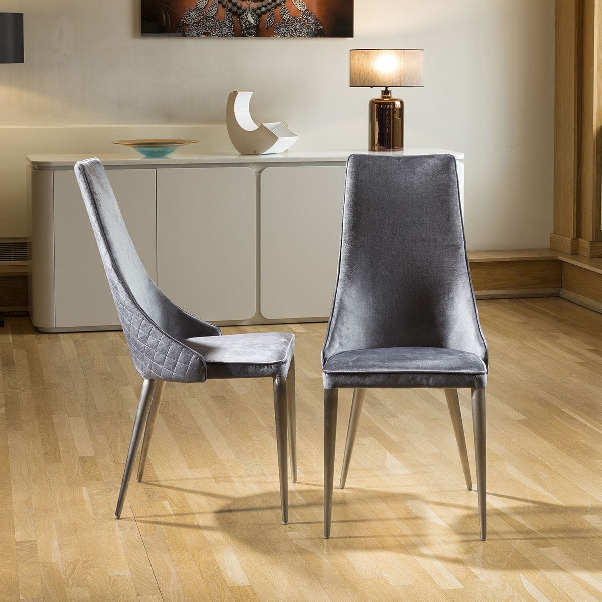 Quatropi Set of 2 Sleek Velvet High Back Modern Dining Chairs Grey Fabric p1441