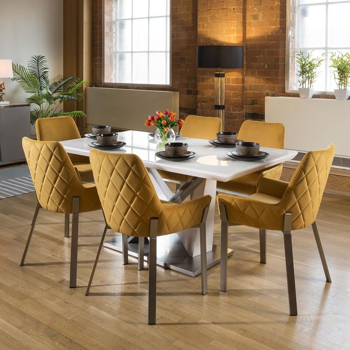 Quatropi Stunning 6 Seater Dining Set White / Glass Table With 6 Mustard Chairs