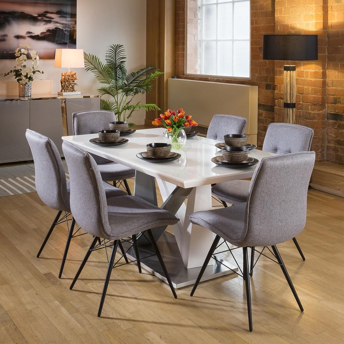 Quatropi Stunning 6 Seater White Dining Set With 6 x Grey Fabric Chairs