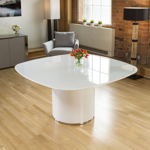 Stunning Quatropi Large Square Dining Table White High Gloss Glass Top