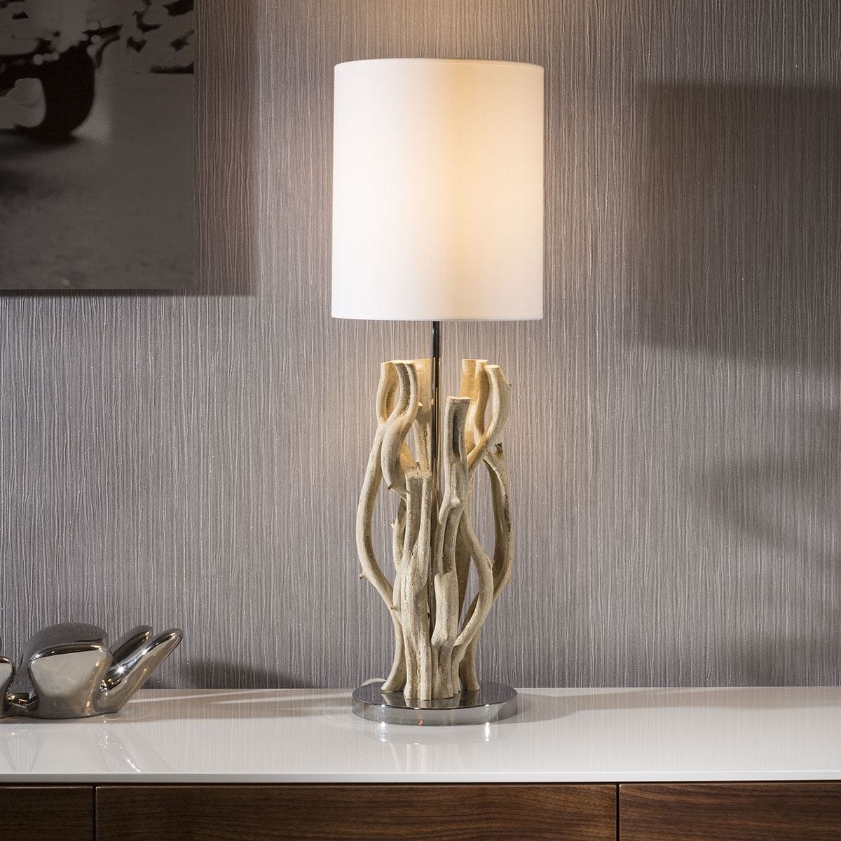 Quatropi Stunning + Unique Modern Driftwood table lamp/light white shade Samoa