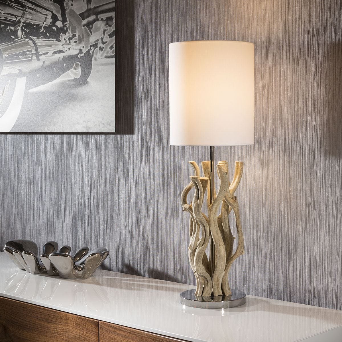 Quatropi Stunning + Unique Modern Driftwood table lamp/light white shade Samoa