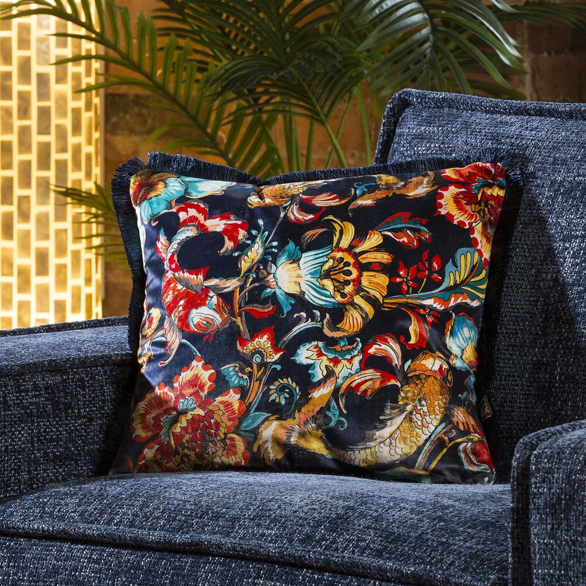 Quatropi Stunning Velvet Floral and Koi Print Scatter Cushion 450mm Square Navy