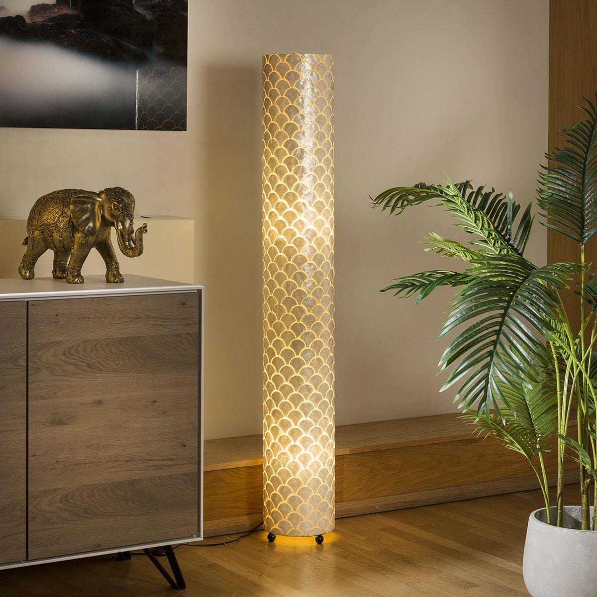 Quatropi Tall Elegant Cylindrical Ivory Scallop Shell Floor Lamp 1500mm High