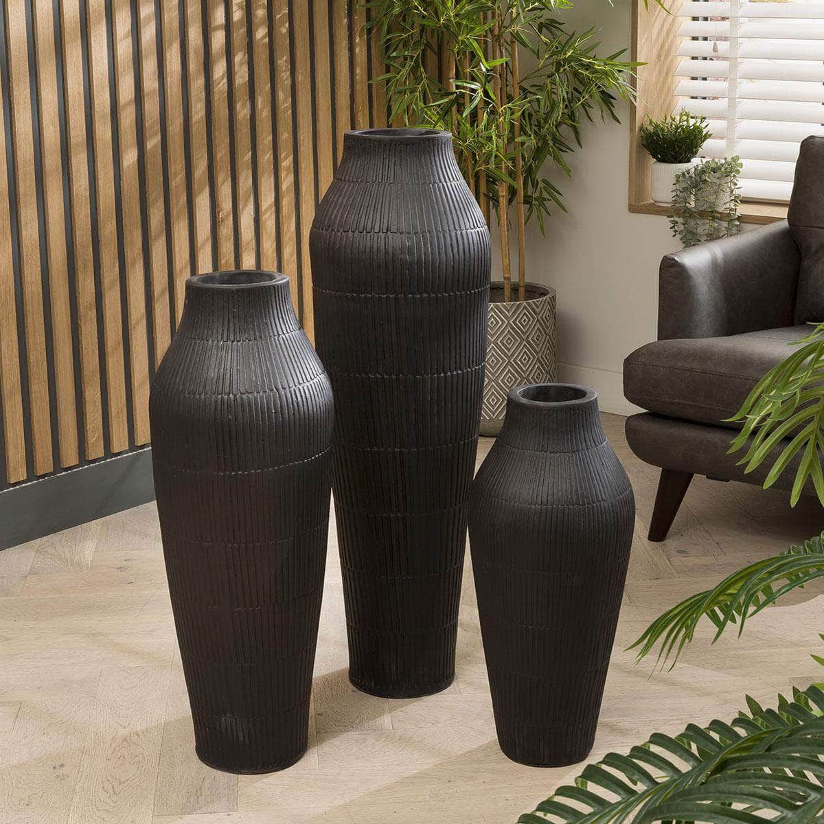 Quatropi Trio Of Stunning Tall Scribed Black Vases 600 + 800 + 1000 High