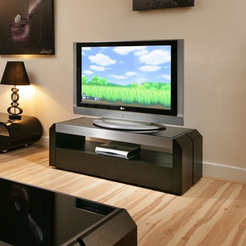 Quatropi TV Stand / Cabinet / Unit Black Oak, Black Glass Top, Alum 1.3mtr 701