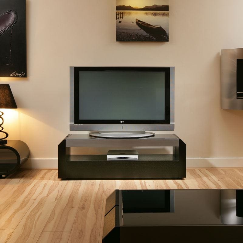 Quatropi TV Stand / Cabinet / Unit Black Oak, Black Glass Top, Alum 1.3mtr 701