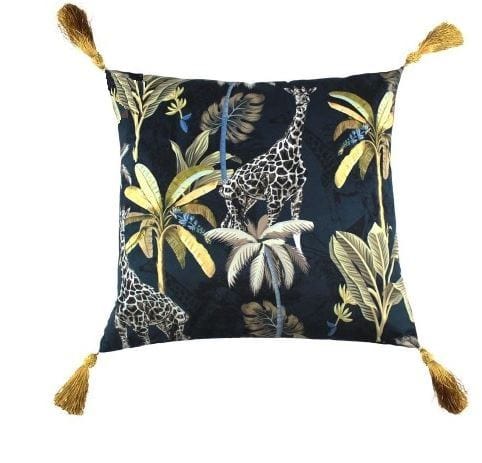 Quatropi Velvet Giraffe Print Scatter Cushion with Tassles 450 Square Navy Gold
